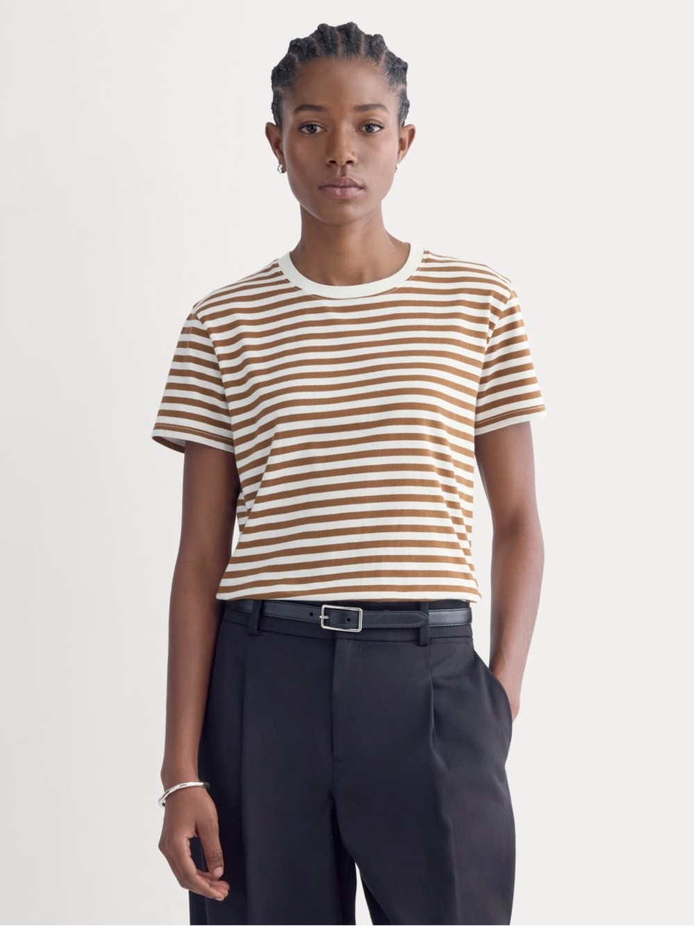 Everlane The Box-Cut Tee Essential Cotton Bone Toffee Size M NWOT Striped